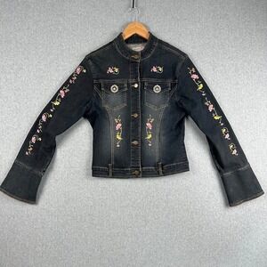 Women's Denim Jean Jacket Embroidered Pirate Patch Buttons Yellow Accents Large